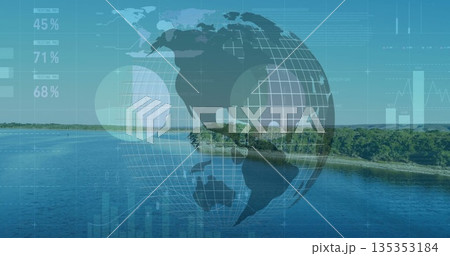 Displaying 3D wireframe globe hovering over lakeside water, with bar charts and percentages Displaying 3D wireframe globe hovering over lakeside water, with bar charts and percentages 135353184
