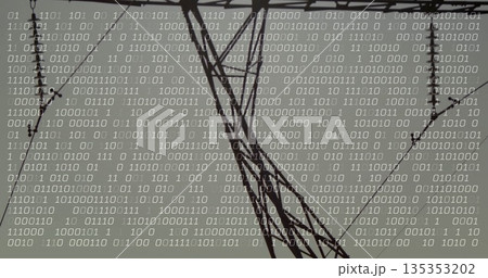 Steel lattice transmission tower carrying power lines, insulators in field with binary code overlay 135353202