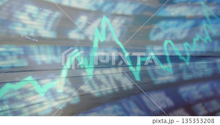 Overlaying green line graph on low tide shoreline with lapping waves, numeric data and ticker symb Overlaying green line graph on low tide shoreline with lapping waves, numeric data and ticker symb 135353208