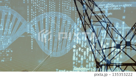 Displaying DNA helix rotating over 3D grid plane, streaming code and transmission tower silhouette Displaying DNA helix rotating over 3D grid plane, streaming code and transmission tower silhouette 135353222