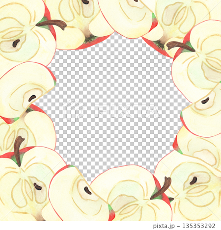 Hand-drawn watercolor illustration of an apple, slice, and halves, framed with fruit. Realistic ripe seasonal fruits. Hand-drawn watercolor illustration of an apple, slice, and halves, framed with fruit. Realistic ripe seasonal fruits. 135353292