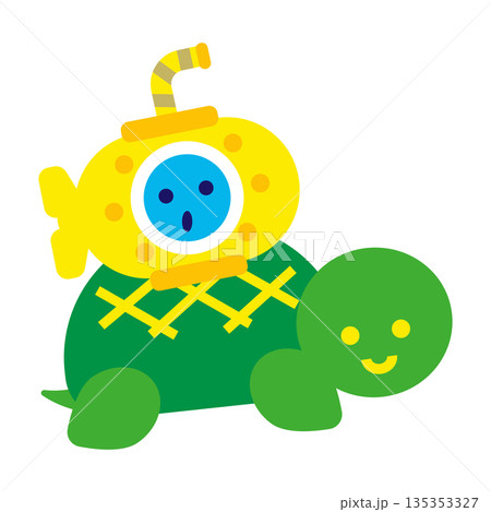 カメの上に乗った潜水艦のかわいいファンタジーキャラクターイラスト 135353327
