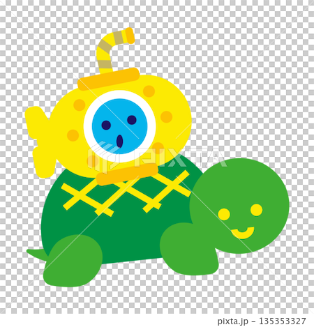 カメの上に乗った潜水艦のかわいいファンタジーキャラクターイラスト 135353327