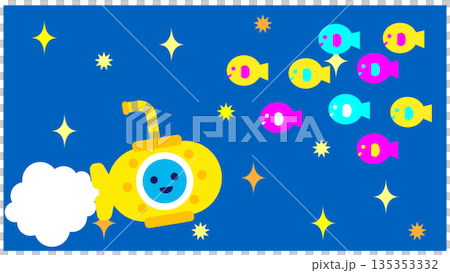 一幅可愛的奇幻插畫，描繪了一艘潛水艇在夜海中航行，周圍環繞著五彩繽紛的魚群。 135353332