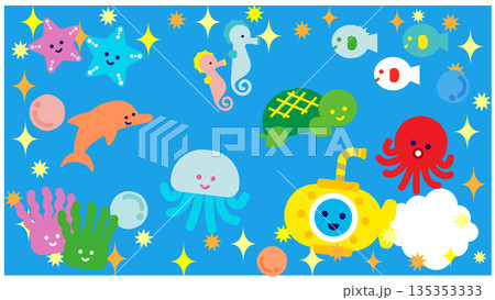 カラフルな海の生き物が集まったかわいいファンタジーイラスト 135353333