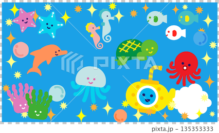 カラフルな海の生き物が集まったかわいいファンタジーイラスト 135353333