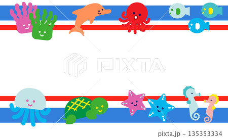 海の生き物が並んだかわいい横長フレームイラスト 135353334