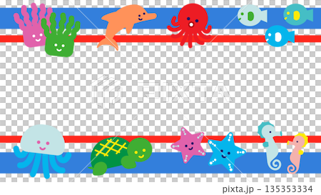 海の生き物が並んだかわいい横長フレームイラスト 135353334
