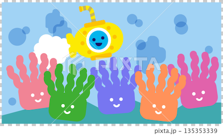 Cute ocean illustration of a submarine sailing over a sea anemone Cute ocean illustration of a submarine sailing over a sea anemone 135353339
