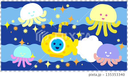 夜の海でクラゲたちと潜水艦が浮かぶかわいいファンタジーイラスト 夜の海でクラゲたちと潜水艦が浮かぶかわいいファンタジーイラスト 135353340