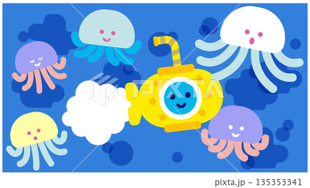 クラゲに囲まれた潜水艦のかわいい海のファンタジーイラスト 135353341