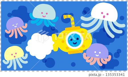 可愛的海洋奇幻插畫，描繪了一艘被水母包圍的潛水艇。 135353341