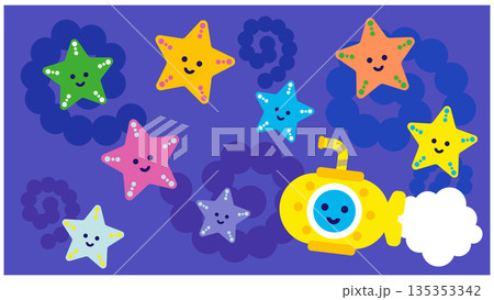 カラフルな星と潜水艦のかわいいファンタジーイラスト 135353342