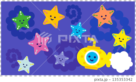 カラフルな星と潜水艦のかわいいファンタジーイラスト 135353342