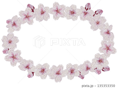【桜の花の丸フレーム】手刺繍イラスト素材 135353350