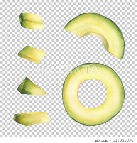 Avocado set of cut fruit, circles and pieces. Rounds, half rounds, and slices of chopped avocado. Hand drawn watercolor illustration isolated from background. Green vegetables for menu, food, recipe. Avocado set of cut fruit, circles and pieces. Rounds, half rounds, and slices of chopped avocado. Hand drawn watercolor illustration isolated from background. Green vegetables for menu, food, recipe. 135353376