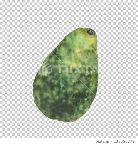 Watercolor whole avocado fruit. One ripe avocado with textured green skin, peel and stem. Hand drawn illustration isolated from background for vegetable food design, healthy vegan product packaging. Watercolor whole avocado fruit. One ripe avocado with textured green skin, peel and stem. Hand drawn illustration isolated from background for vegetable food design, healthy vegan product packaging. 135353379