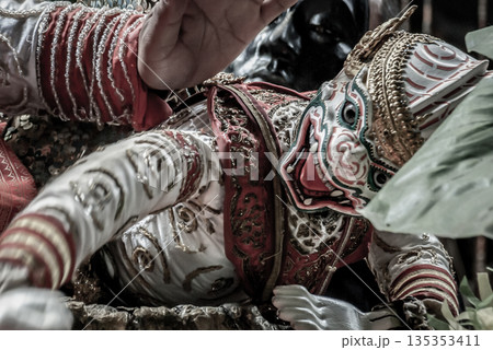 Traditional Puppet of Hanuman in Ramakien or Ramayana Story with thai puppeteers from Ramayana epic story at Baan Silapin (Artist House) in klong bang luang floating market. 135353411