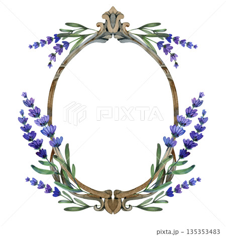 Elegant watercolor illustration of a vintage oval wooden frame decorated with delicate purple lavender sprigs. This hand-painted botanical border features a rustic, baroque-style design, perfect for Elegant watercolor illustration of a vintage oval wooden frame decorated with delicate purple lavender sprigs. This hand-painted botanical border features a rustic, baroque-style design, perfect for 135353483
