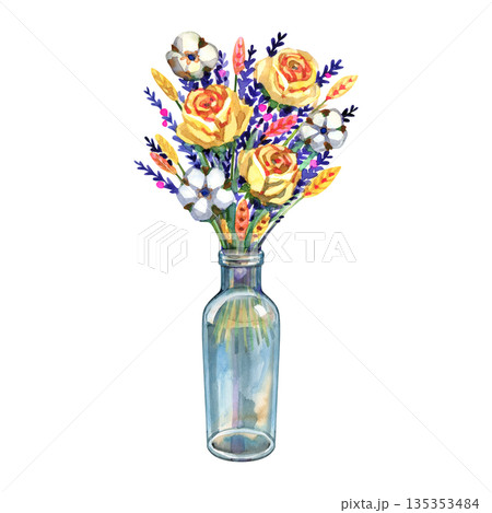 Watercolor botanical arrangement of yellow roses, lavender, and cotton flowers in a simple glass bottle. Hand-painted rustic floral centerpiece for farmhouse decor and spring stationery. 135353484