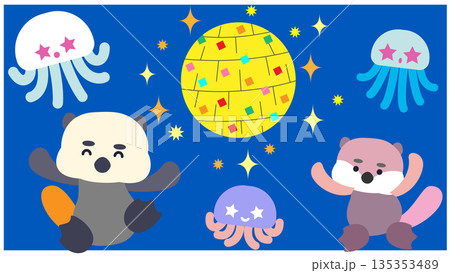 夜の海でラッコとクラゲが集まるかわいいファンタジーイラスト 135353489