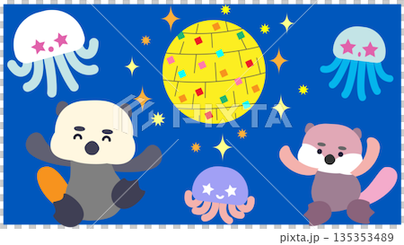 夜の海でラッコとクラゲが集まるかわいいファンタジーイラスト 135353489