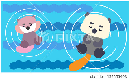 水面でくるくる回るラッコのかわいい横長イラスト 135353498