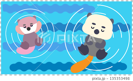 一幅可愛的橫版插畫，描繪了一隻海獺在水面上旋轉的場景。 135353498