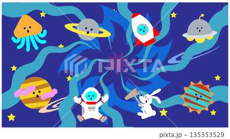 宇宙空間に広がる惑星とキャラクターのかわいいファンタジーイラスト 135353529