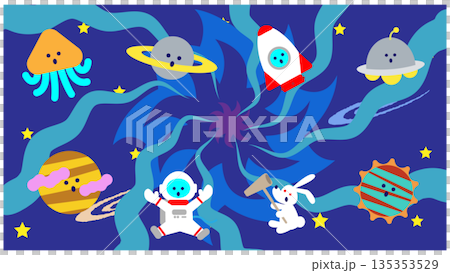 宇宙空間に広がる惑星とキャラクターのかわいいファンタジーイラスト 135353529