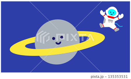 輪のある惑星と宇宙飛行士のかわいいファンタジーイラスト 135353531
