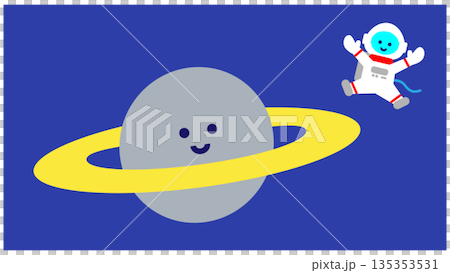 輪のある惑星と宇宙飛行士のかわいいファンタジーイラスト 135353531