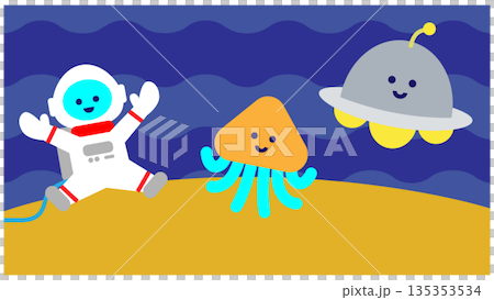 一幅可愛的插圖，描繪了一名宇航員和一個外星人站在太空地面上。 135353534
