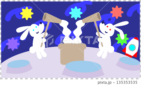 A cute space fantasy illustration of rabbits making mochi on the moon A cute space fantasy illustration of rabbits making mochi on the moon 135353535