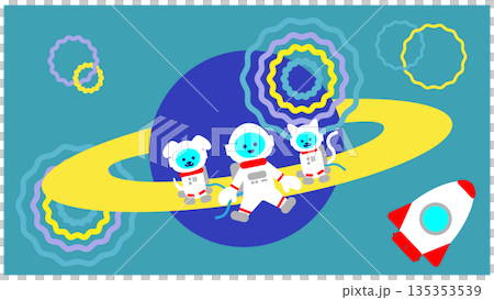 一幅可愛的奇幻插畫，描繪了太空人在環狀行星上玩耍的場景。 135353539