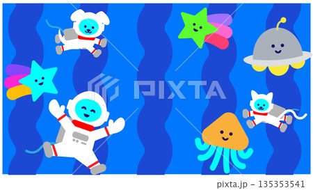 宇宙飛行士と宇宙のなかまたちが集まったかわいいファンタジーイラスト 135353541