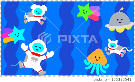 一幅描繪太空人和他們的太空朋友的可愛奇幻插畫 135353541