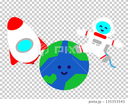 Cute illustration of a rocket and astronaut flying around the Earth 135353543