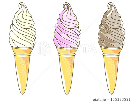 ソフトクリームのイラスト 3本セット バニラ ストロベリー チョコレート 135353551