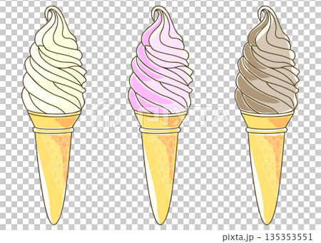 ソフトクリームのイラスト 3本セット バニラ ストロベリー チョコレート 135353551