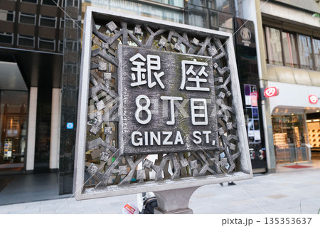Ginza street sign in Tokyo showing distinctive 8-chome area and nearby stores Ginza street sign in Tokyo showing distinctive 8-chome area and nearby stores 135353637