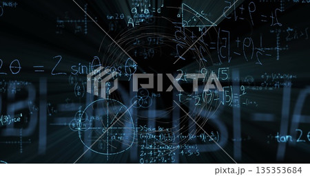 Floating glowing blue equations moving through 3D tunnel, with trig functions and geometric shapes 135353684