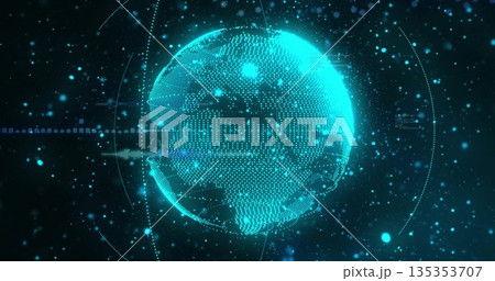 Holographic Earth spinning in virtual display, with glowing points, network lines and particles 135353707