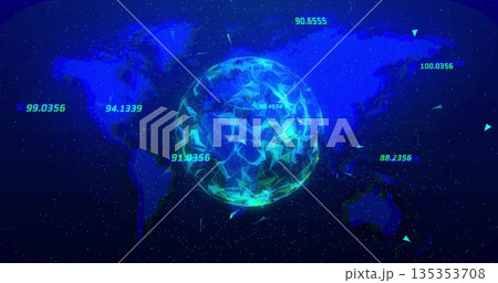 Floating low-poly network sphere hovering over world map, with streaming lines and numeric labels Floating low-poly network sphere hovering over world map, with streaming lines and numeric labels 135353708