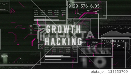 Displaying bold GROWTH HACKING text in digital interface, with translucent panels and neon circuits Displaying bold GROWTH HACKING text in digital interface, with translucent panels and neon circuits 135353709