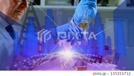 Senior researcher transferring yellow liquid into test tube rack with pipette in lab, copy space 135353712