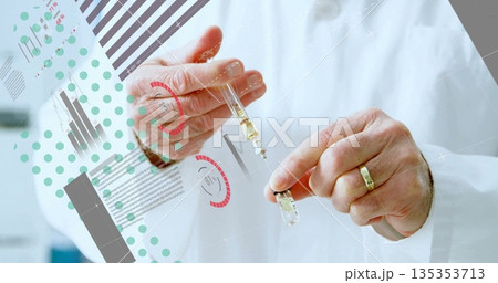 Senior doctor in lab coat drawing liquid from vial with syringe in lab, with data overlays Senior doctor in lab coat drawing liquid from vial with syringe in lab, with data overlays 135353713