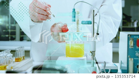 Scientist pipetting red solution from vial into beaker at bench, with micropipette, stirrer Scientist pipetting red solution from vial into beaker at bench, with micropipette, stirrer 135353714