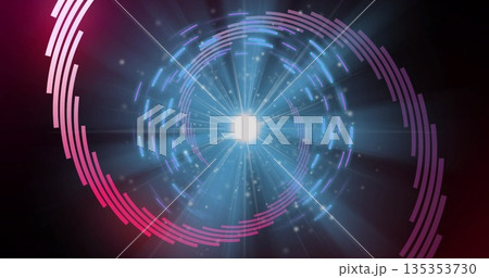 Emitting glowing orb producing sparking radial beams in digital void, ring segments swirling Emitting glowing orb producing sparking radial beams in digital void, ring segments swirling 135353730
