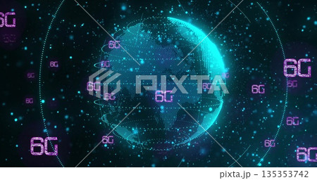 Holographic globe formed by nodes and lines glowing in data network space, with floating 6G labels 135353742